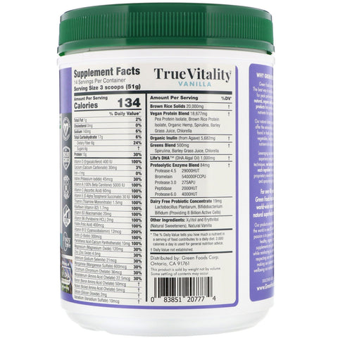 Green Foods, True Vitality, Plant Protein Shake with DHA, Vanilla, 25.2 oz (714 g)
