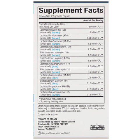 Natural Factors, Ultimate Probiotic, 12/12 Formula, 12 Billion CFU, 120 Vegetarian Capsules