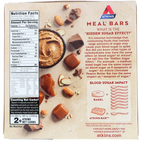 Atkins, Meal Bar, Chocolate Almond Caramel Bar, 5 Bars, 1.69 oz (48 g) Each