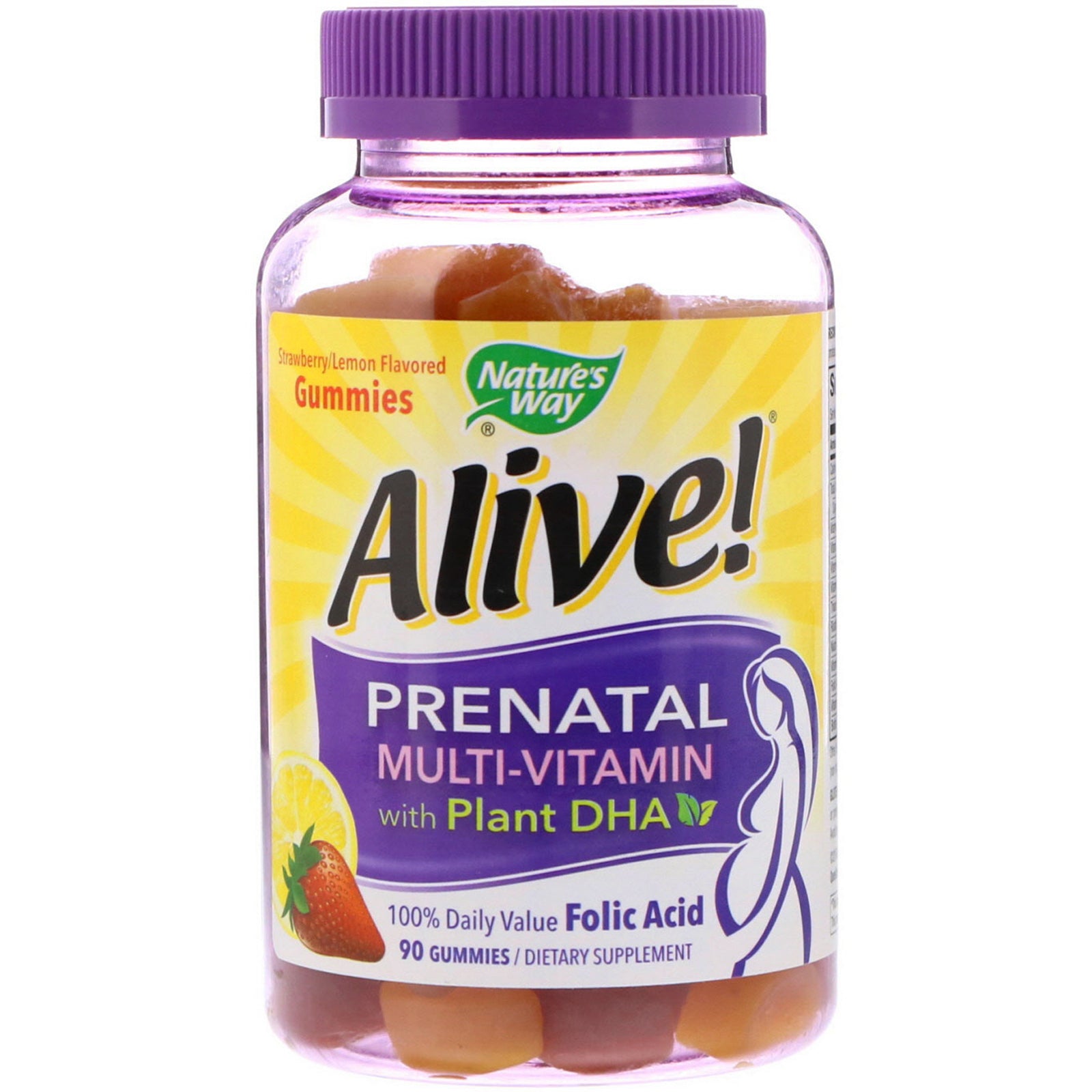 Nature's Way, Alive! Prenatal Multi-Vitamin with Plant DHA, Strawberry/Lemon Flavored, 90 Gummies
