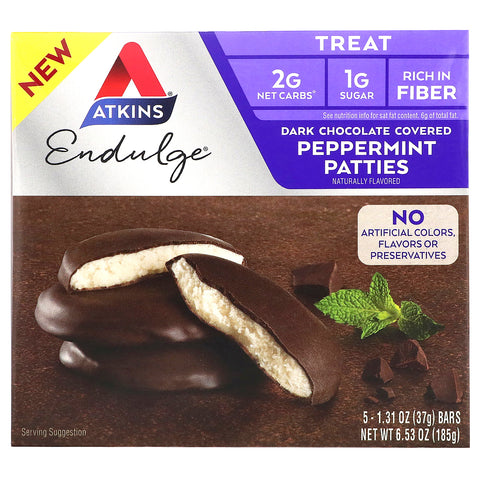 Atkins, Endulge, Dark Chocolate Covered Peppermint Patties, 5 Bars, 1.31 oz (37 g) Each