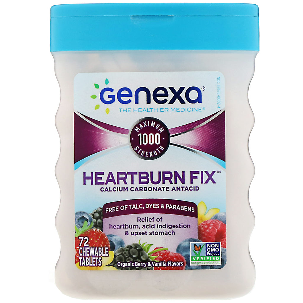Genexa, Heartburn Fix, Calcium Carbonate Antacid, Organic Berry & Vanilla Flavors, 72 Chewable Tablets