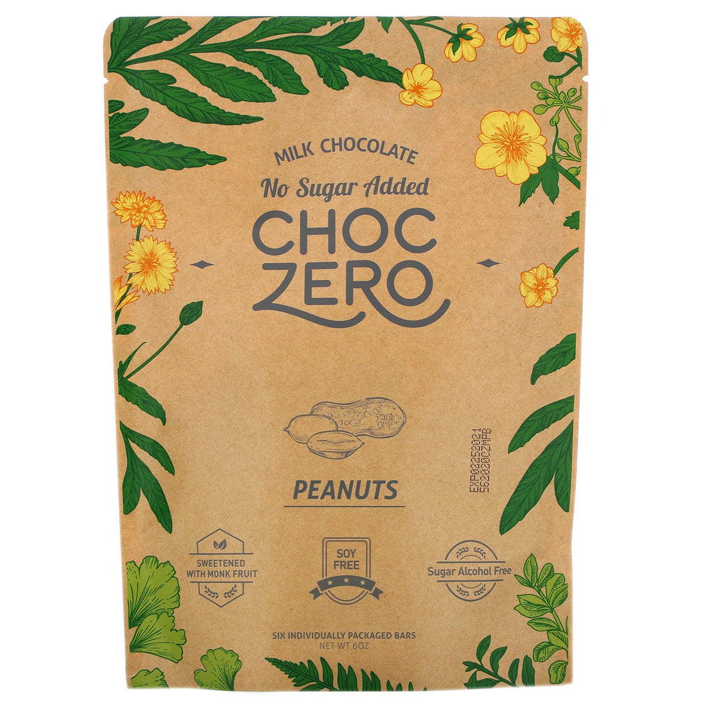 ChocZero, Milk Chocolate, Peanuts, No Sugar Added, 6 Bars, 1 oz  Each