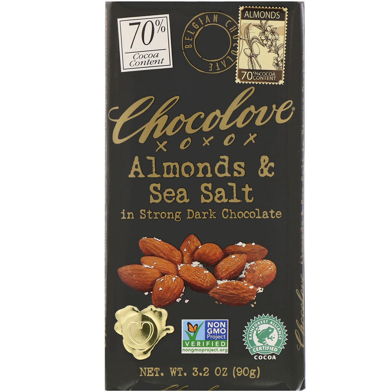 Chocolove, Almonds & Sea Salt in Strong Dark Chocolate, 70% Cocoa, 3.2 oz (90 g)