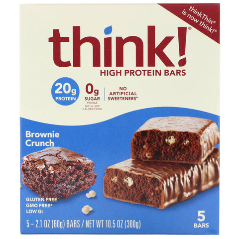 ThinkThin, High Protein Bars, Brownie Crunch, 5 Bars, 2.1 oz (60 g) Each