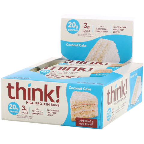ThinkThin, High Protein Bars, Coconut Cake, 10 Bars, 2.1 oz (60 g) Each