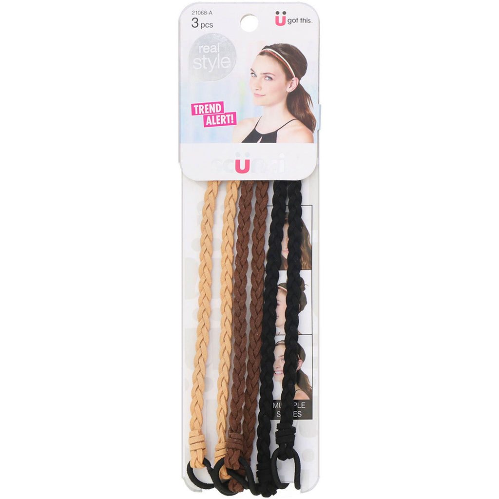 Scunci, Real Style, Suede Braided Headwraps, Neutral, 3 Pieces