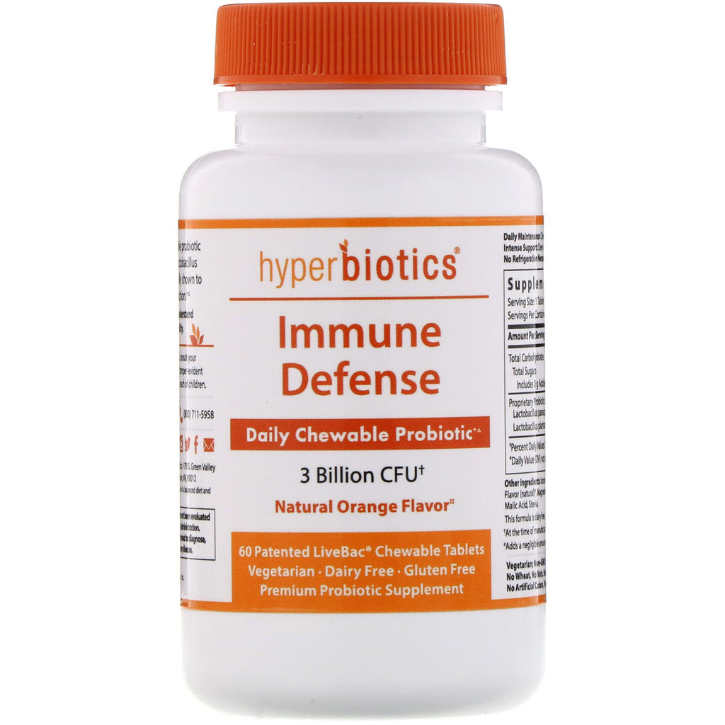 Hyperbiotics,  Immune Defense, Natural Orange, 3 Billion CFU, 60 Chewable Tablets