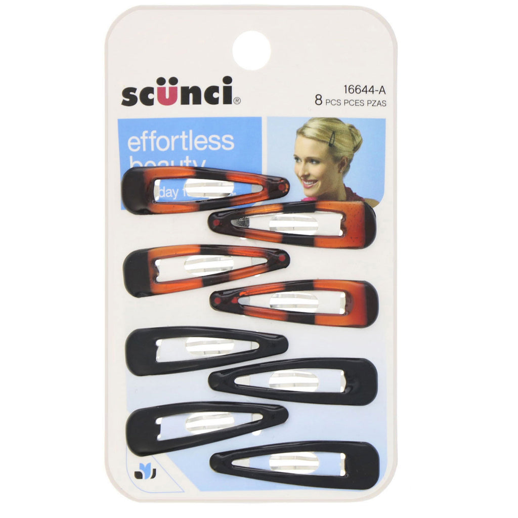 Scunci, Effortless Beauty, Snap Hair Clip, Black & Brown, 8 Pieces