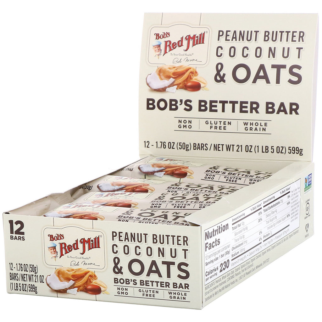 Bob's Red Mill, Bob's Better Bar, Peanut Butter Coconut & Oats, 12 Bars, 1.76 oz (50 g) Each