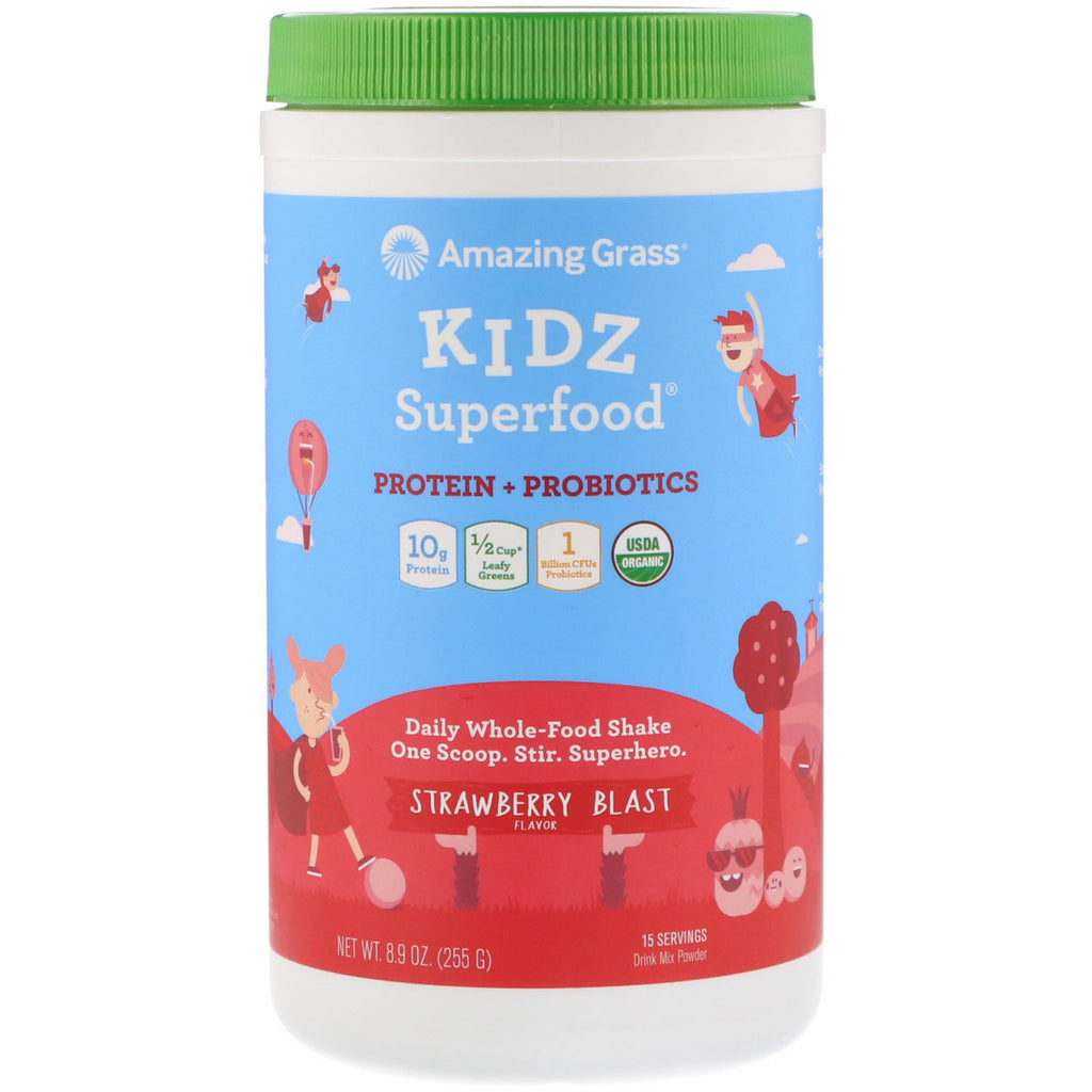 Amazing Grass, Kidz Superfood, Protein + Probiotics, Strawberry Blast, 8.9 oz (255 g)