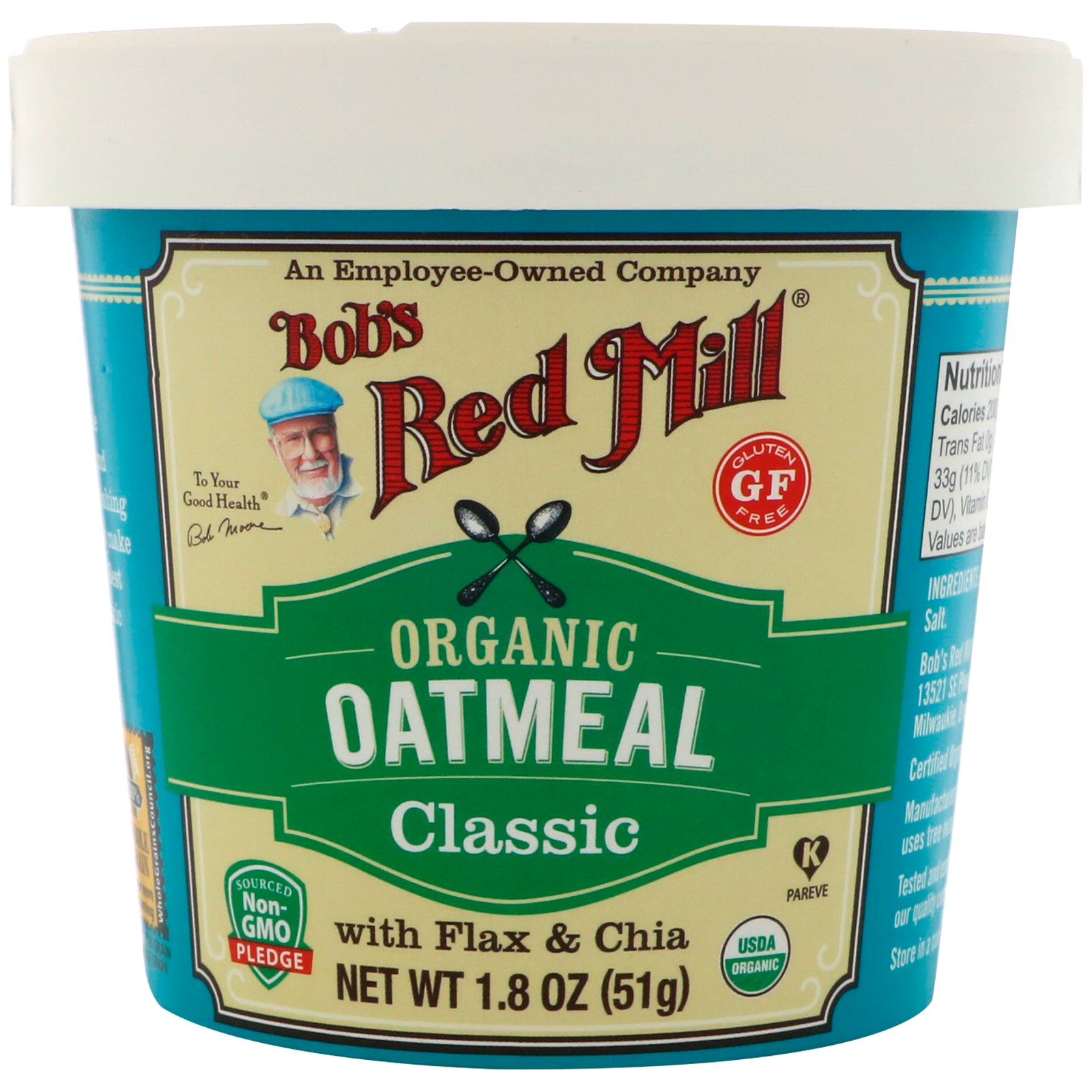 Bob's Red Mill, Organic Oatmeal Cup, Classic with Flax & Chia, 1.8 oz (51 g)