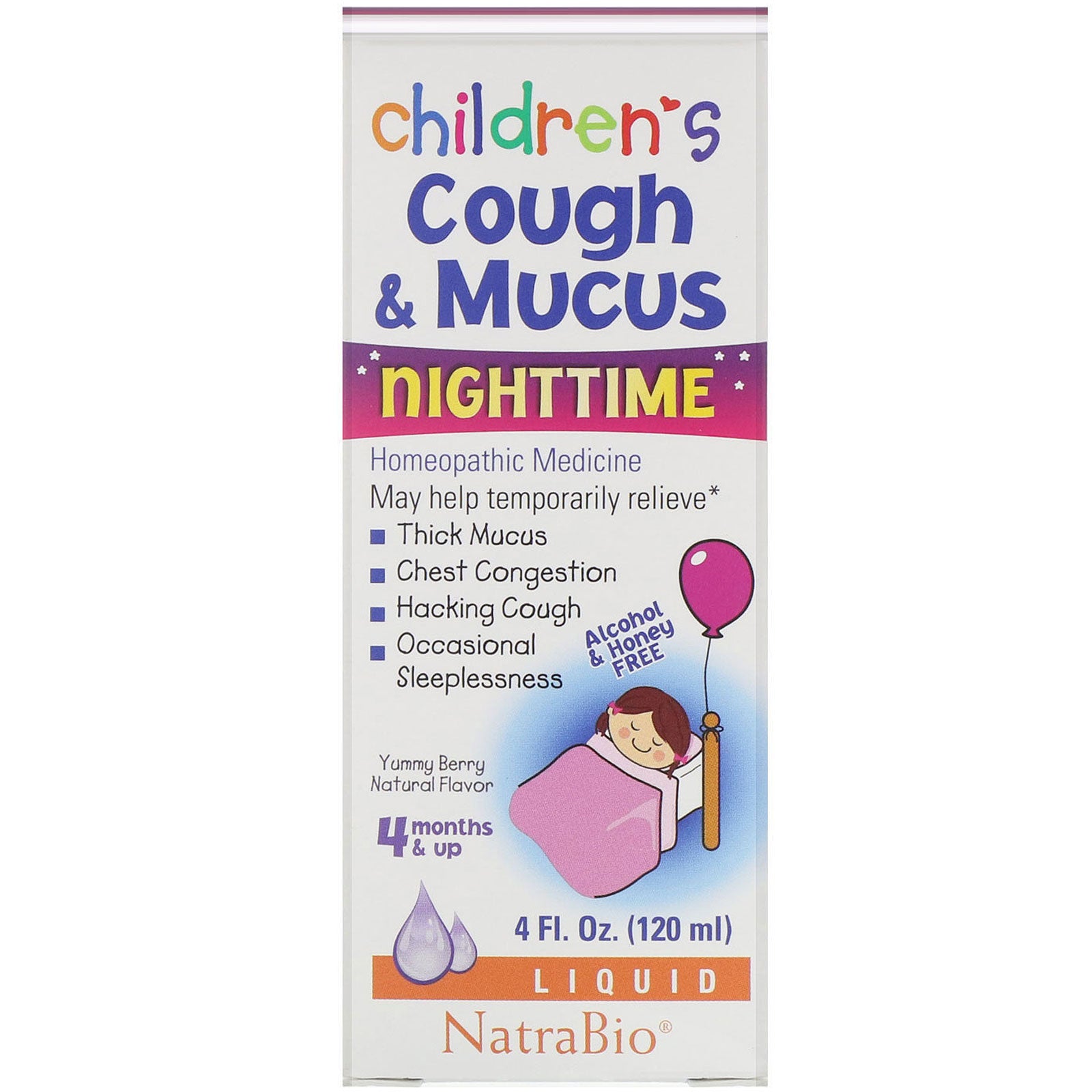 NatraBio, Children's Cough & Mucus, NightTime, Alcohol Free, Yummy Berry Natural Flavor, 4 Months and Up, 4 fl oz (120 ml)