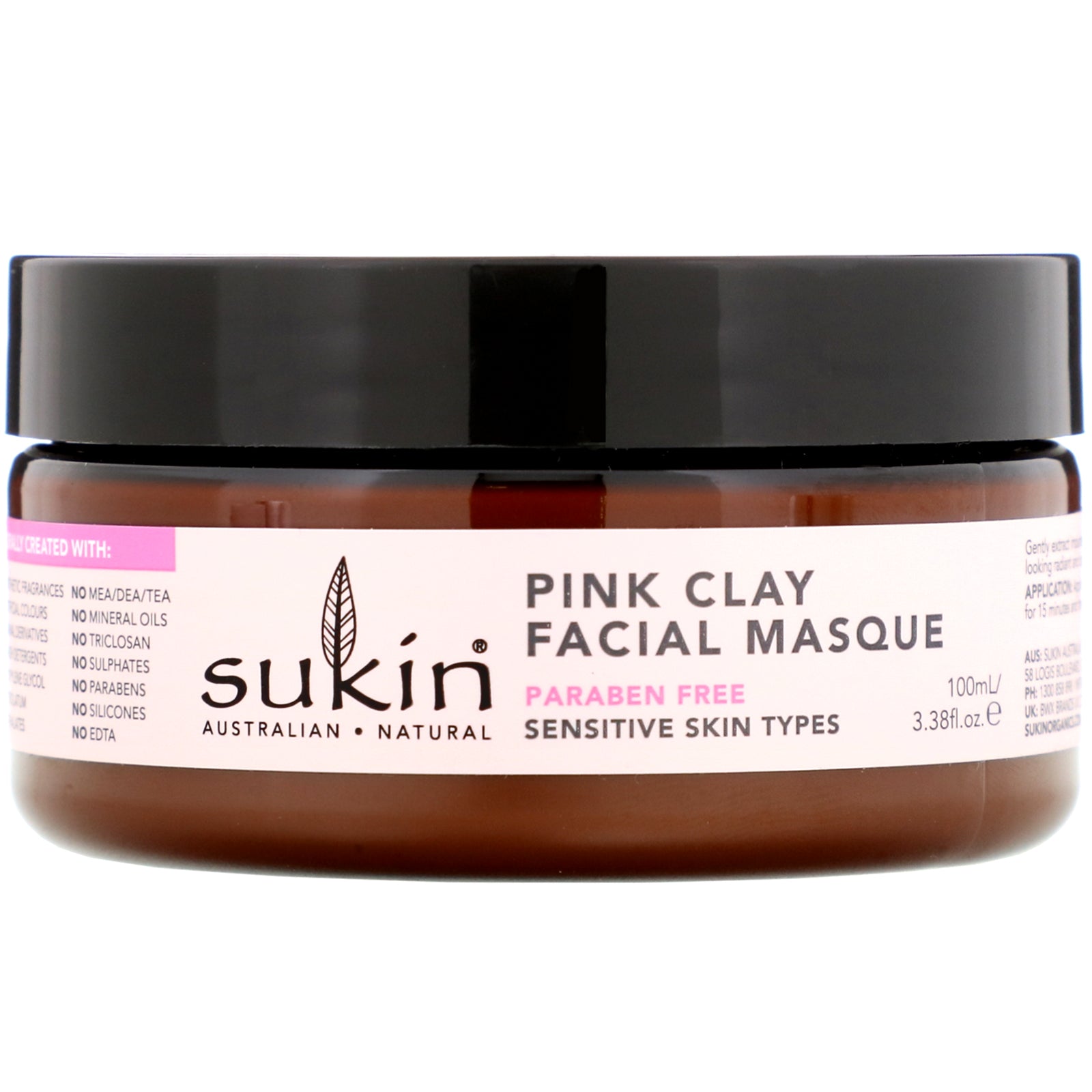 Sukin, Pink Clay Facial Masque, Sensitive, 3.38 fl oz (100 ml)