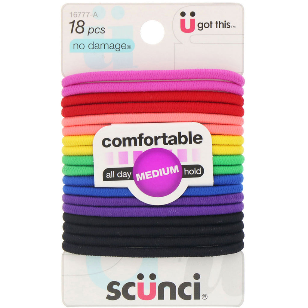 Scunci, No Damage Elastics, Comfortable, All Day Medium Hold, Bright, 18 Pieces