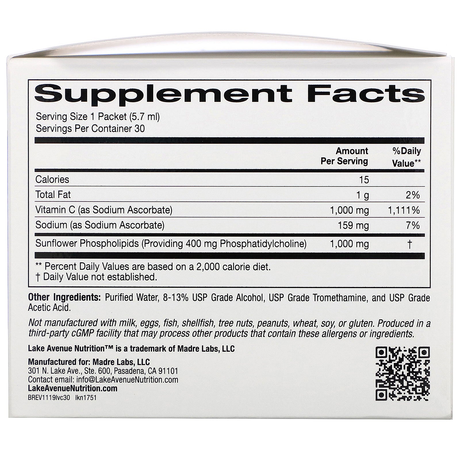 Lake Avenue Nutrition, Liposomal Vitamin C, Unflavored, 1,000 mg, 30 Packets, 0.2 oz (5.7 ml) Each