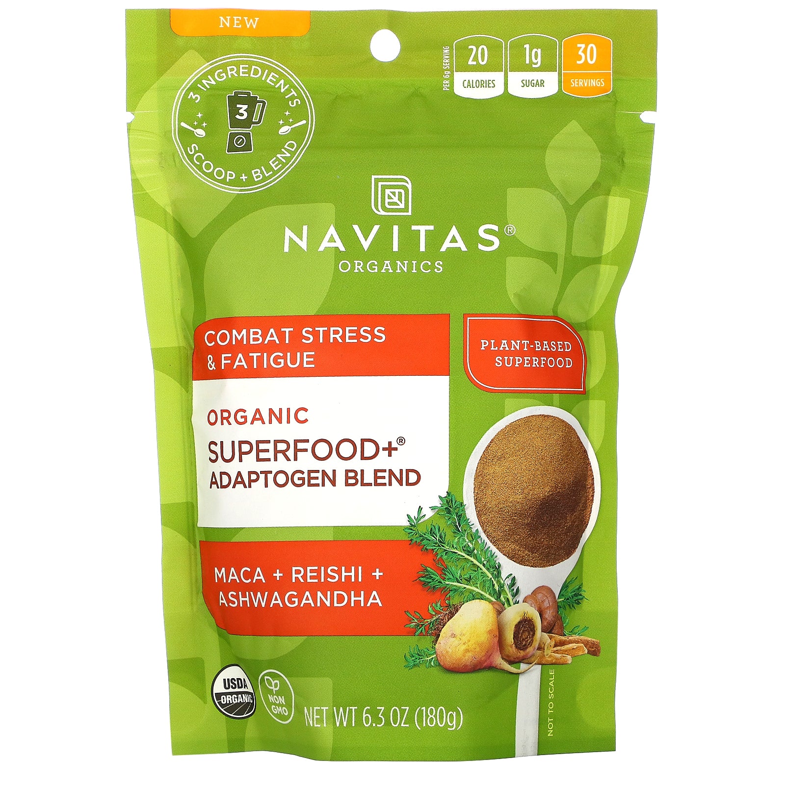 Navitas Organics, Organic Superfood+ Adaptogen Blend, Maca + Reishi + Ashwagandha, 6.3 oz (180 g)
