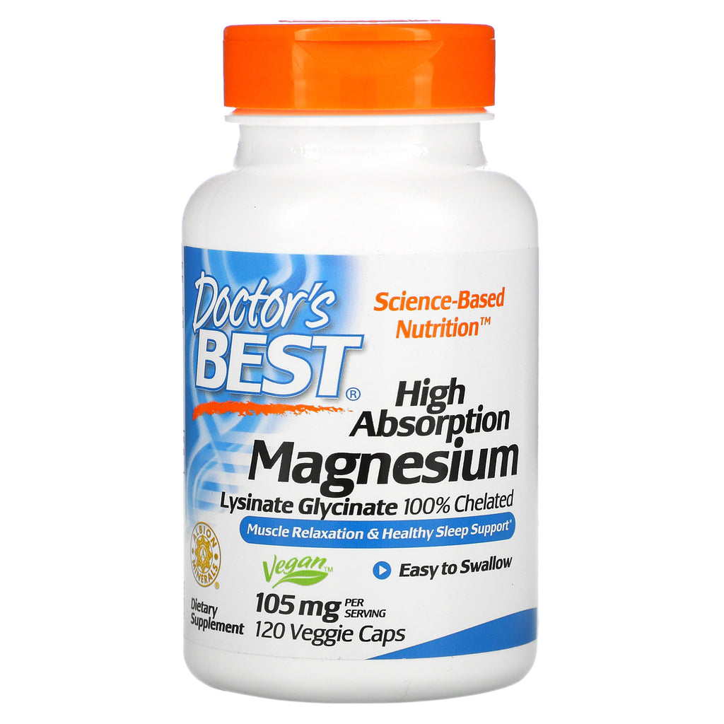 Doctor's Best, High Absorption Magnesium, Lysinate Glycinate 100% Chelated, 105 mg, 120 Veggie Caps