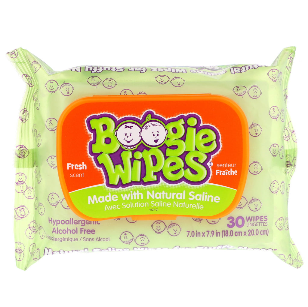 Boogie Wipes, Natural Saline Wipes for Stuffy Noses, Fresh Scent, 30 Wipes