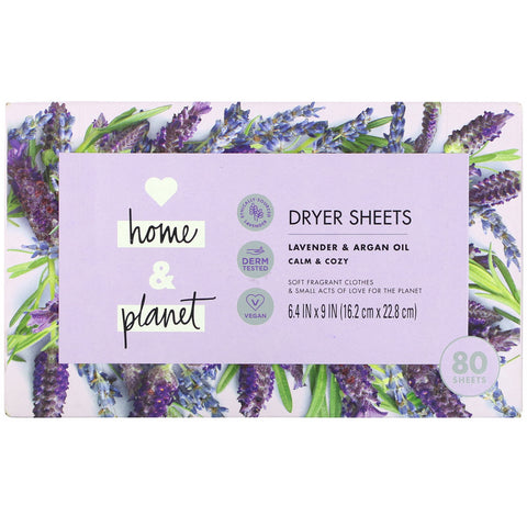 Love Home & Planet, Dryer Sheets, Lavender & Argan Oil, 80 Sheets