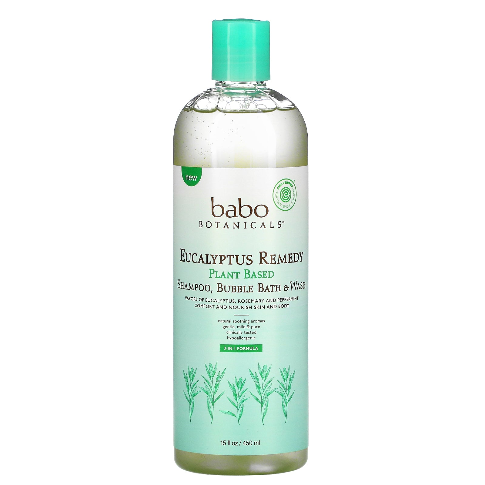 Babo Botanicals, Plant Based 3-In-1 Shampoo, Bubble Bath & Wash, Eucalyptus Remedy, 15 fl oz (450 ml)