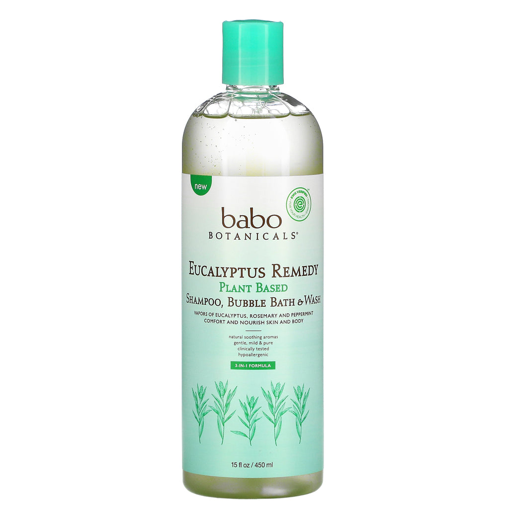 Babo Botanicals, Plant Based 3-In-1 Shampoo, Bubble Bath & Wash, Eucalyptus Remedy, 15 fl oz (450 ml)