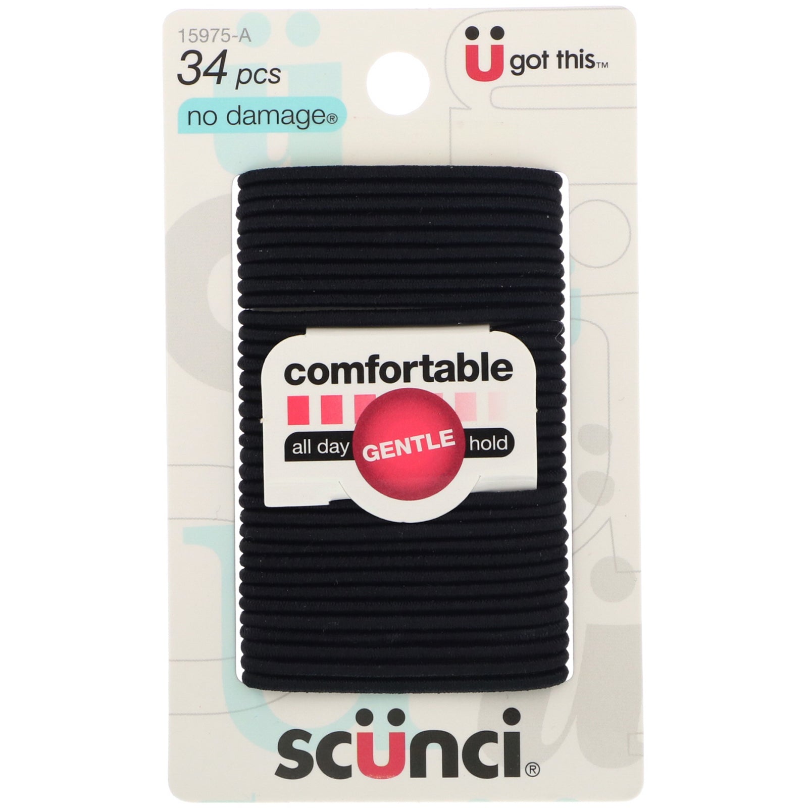 Scunci, No Damage Elastics, Comfortable, All Day Gentle Hold, Black, 34 Pieces