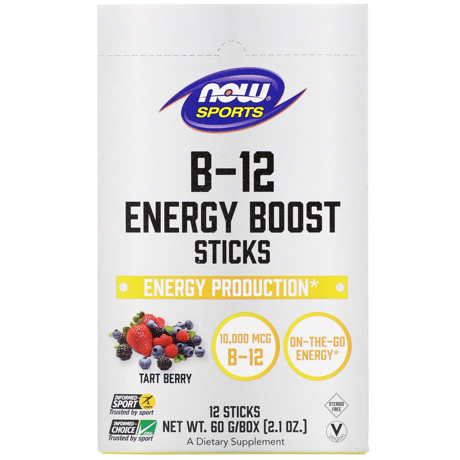 Now Foods, Sports, B-12 Energy Boost Sticks, Tart Berry, 10,000 mcg, 12 Sticks, 2.1 oz (60 g)