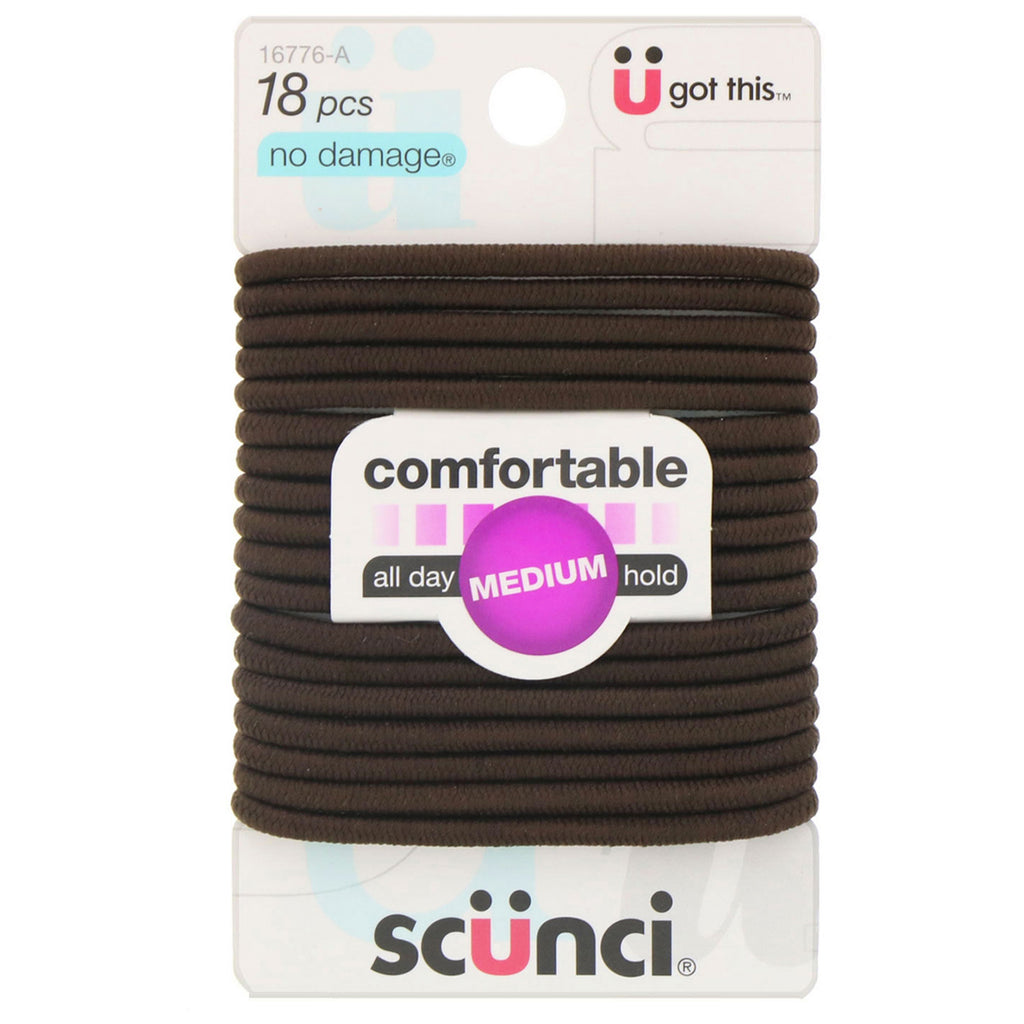 Scunci, No Damage Elastics, All Day Medium Hold, Brown, 18 Pieces