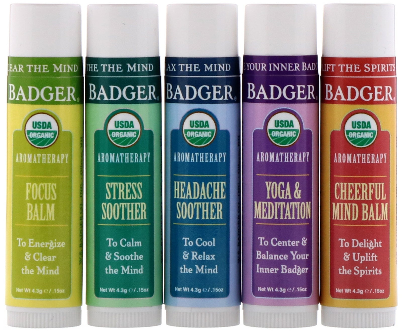 Badger Company, Organic, Aromatherapy Travel Kit, 5 Pack, .15 oz (4.3 g) Each