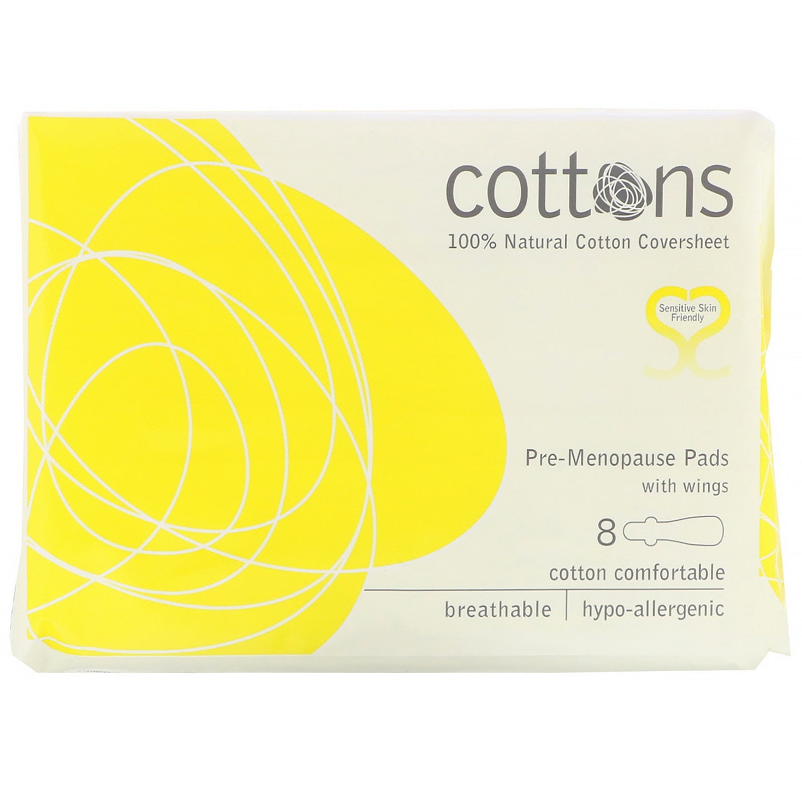 Cottons, 100% Natural Cotton Coversheet, Pre-Menopause Pads with Wings, 8 Pads