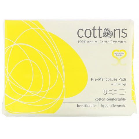 Cottons, 100% Natural Cotton Coversheet, Pre-Menopause Pads with Wings, 8 Pads