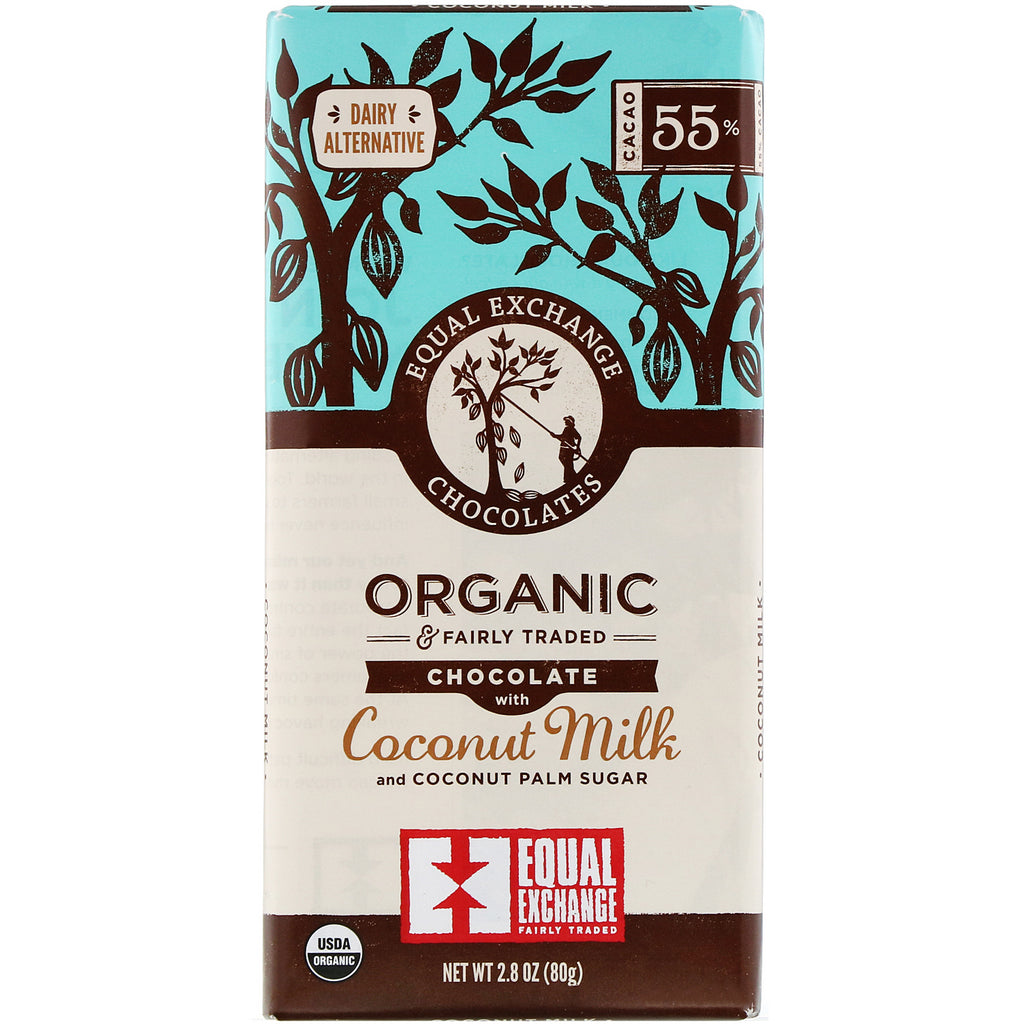 Equal Exchange, Organic Chocolate, Coconut Milk and Coconut Palm Sugar, 55% Cacao, 2.8 oz (80 g)