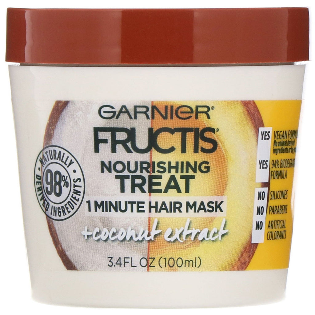 Garnier, Fructis, Nourishing Treat, 1 Minute Hair Mask + Coconut Extract, 3.4 fl oz (100 ml)