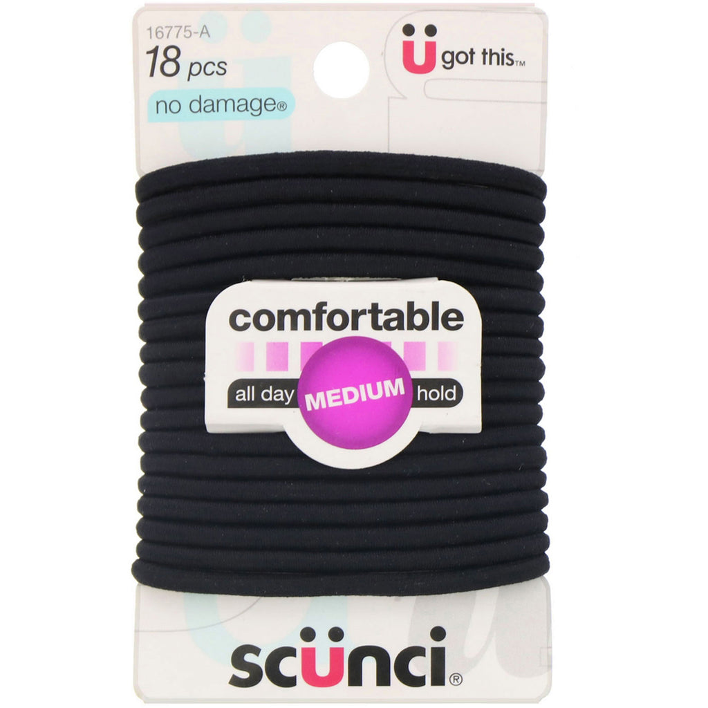 Scunci, No Damage Elastics, Comfortable, All Day Medium Hold, Black, 18 Pieces