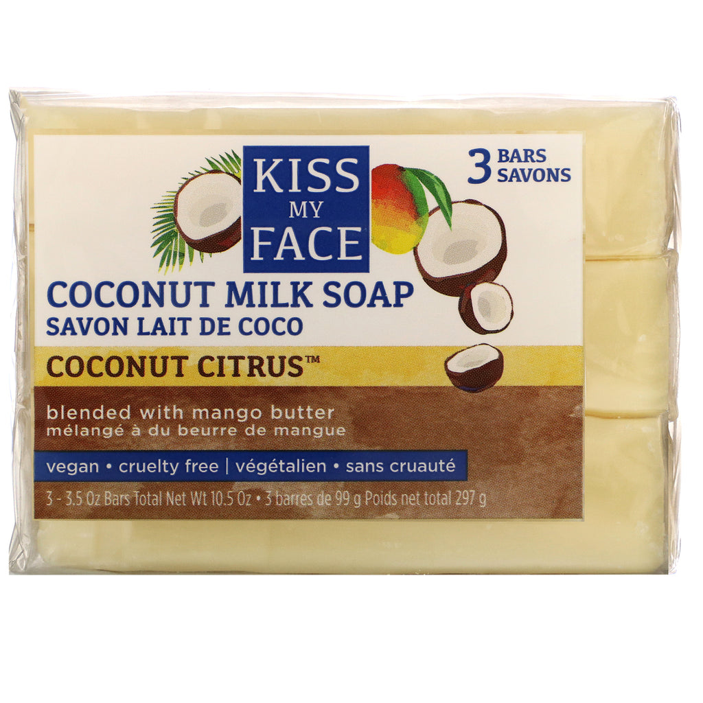 Kiss My Face, Coconut Milk Soap, Coconut Citrus, 3 Bars, 3.5 oz (99 g) Each