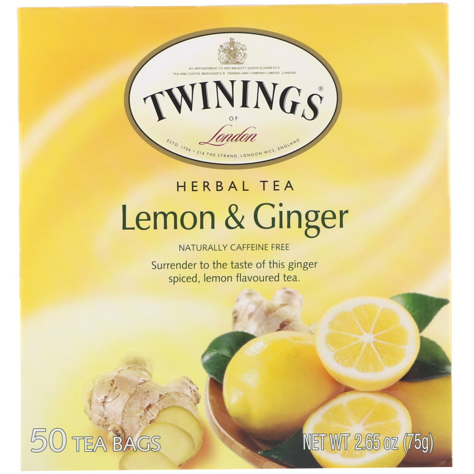 Twinings, Herbal Tea, Lemon & Ginger, Caffeine Free, 50 Tea Bags, 2.65 oz (75 g)