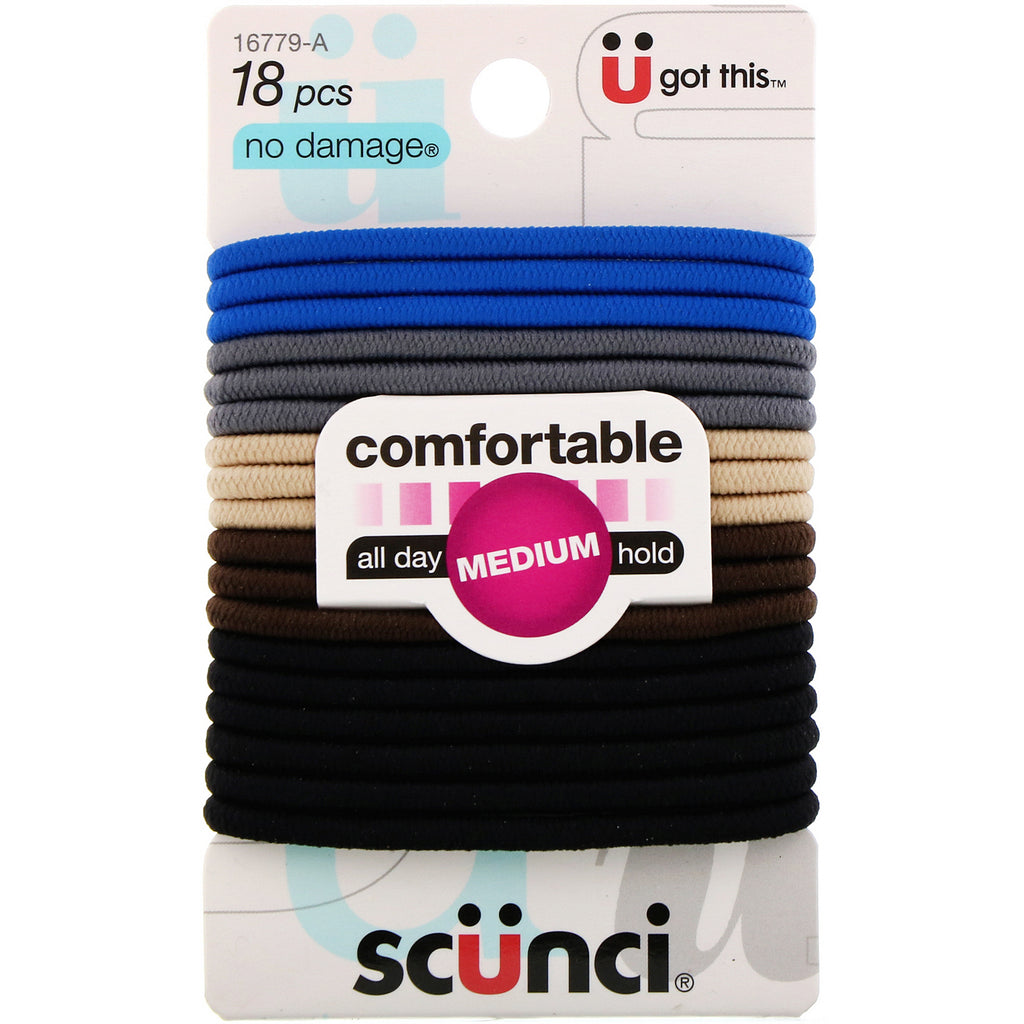 Scunci, No Damage Elastics, Comfortable, All Day Medium Hold, Denim, 18 Pieces