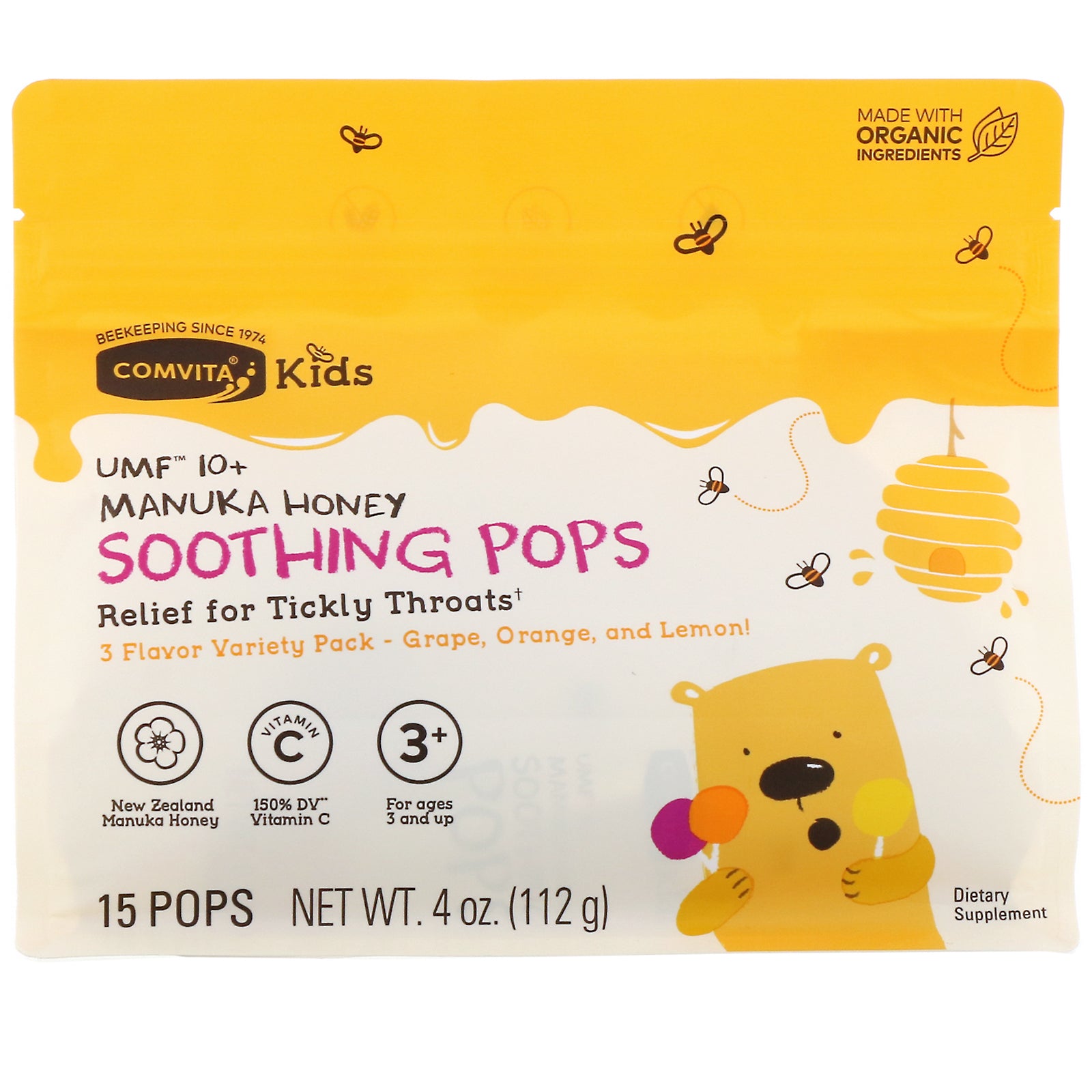 Comvita, Kids, Soothing Pops, UMF 10+ Manuka Honey, 3 Flavor Variety Pack, 15 Pops, 4 oz (112 g)