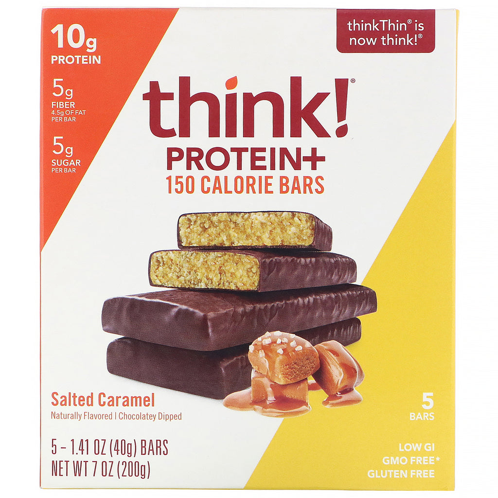 ThinkThin, Protein+ 150 Calorie Bars, Salted Caramel, 5 Bars, 1.41 oz (40 g) Each