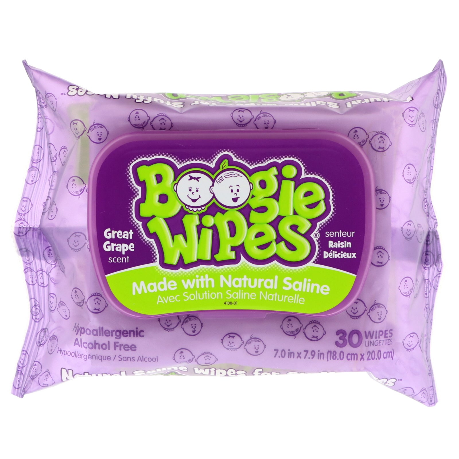 Boogie Wipes, Natural Saline Wipes for Stuffy Noses, Great Grape Scent, 30 Wipes