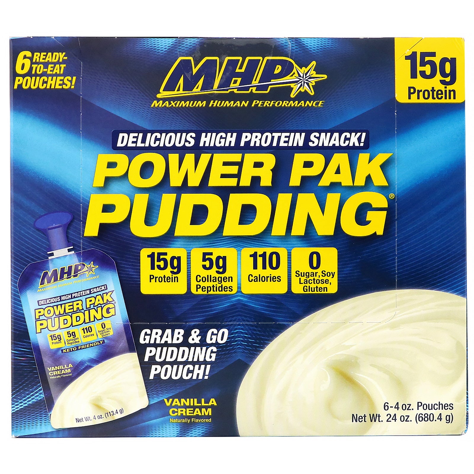 MHP, Power Pak Pudding, Vanilla Cream, 6 Pouches, 4 oz (113.4 g) Each