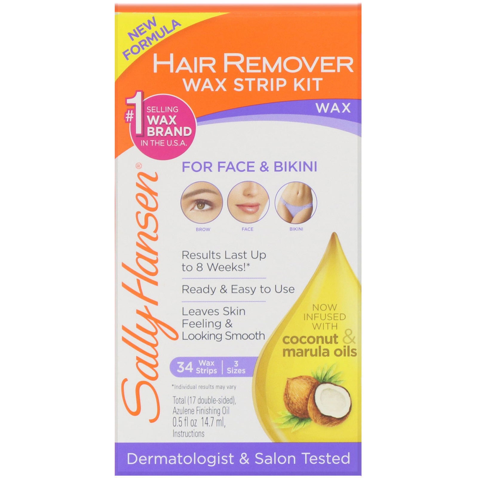 Sally Hansen, Hair Remover Wax Strip Kit, 34 Wax Strips + Finishing Oil