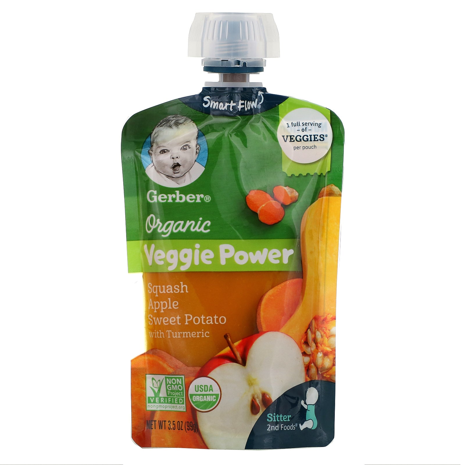 Gerber, Smart Flow, Organic, Veggie Power, Squash, Apple, Sweet Potato with Turmeric, 3.5 oz (99 g)