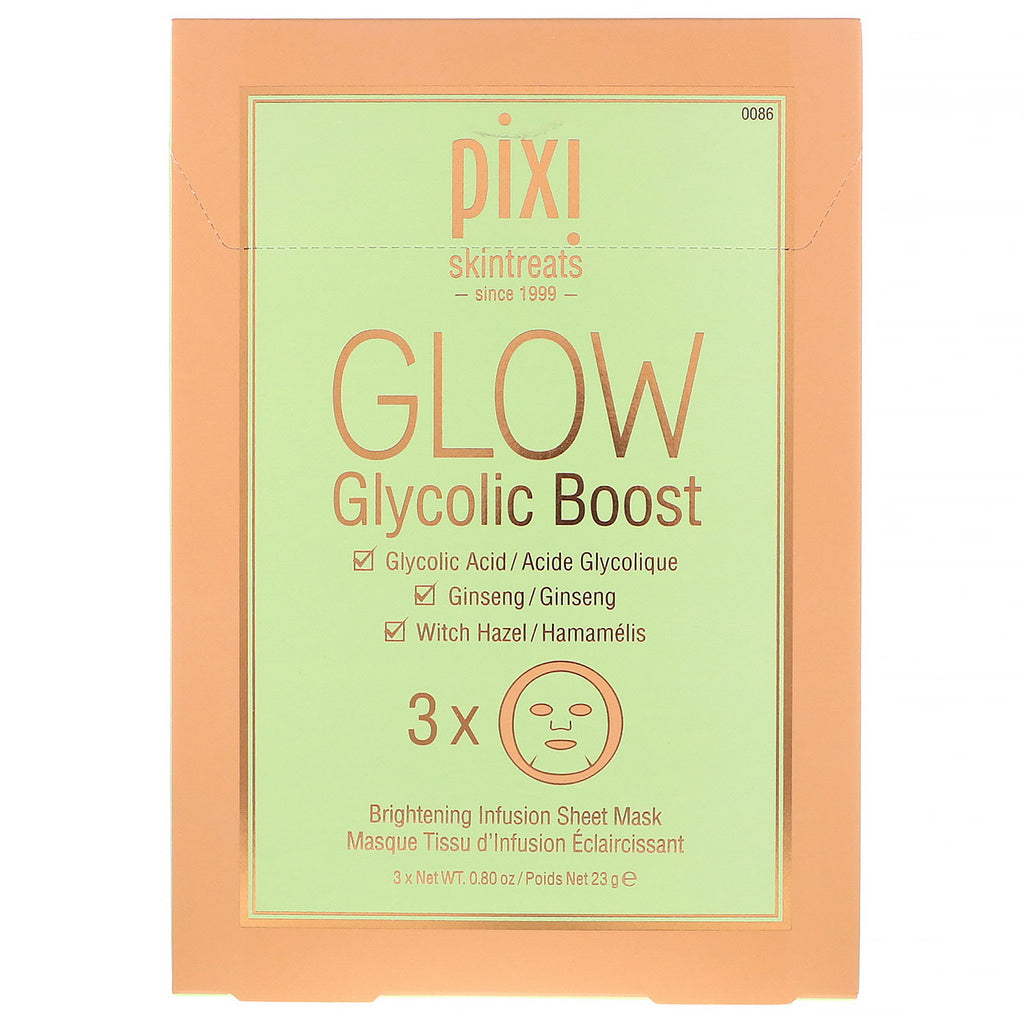 Pixi Beauty, Skintreats, Glow Glycolic Boost, Brightening Infusion Sheet Mask, 3 Sheets, 0.80 oz (23 g) Each