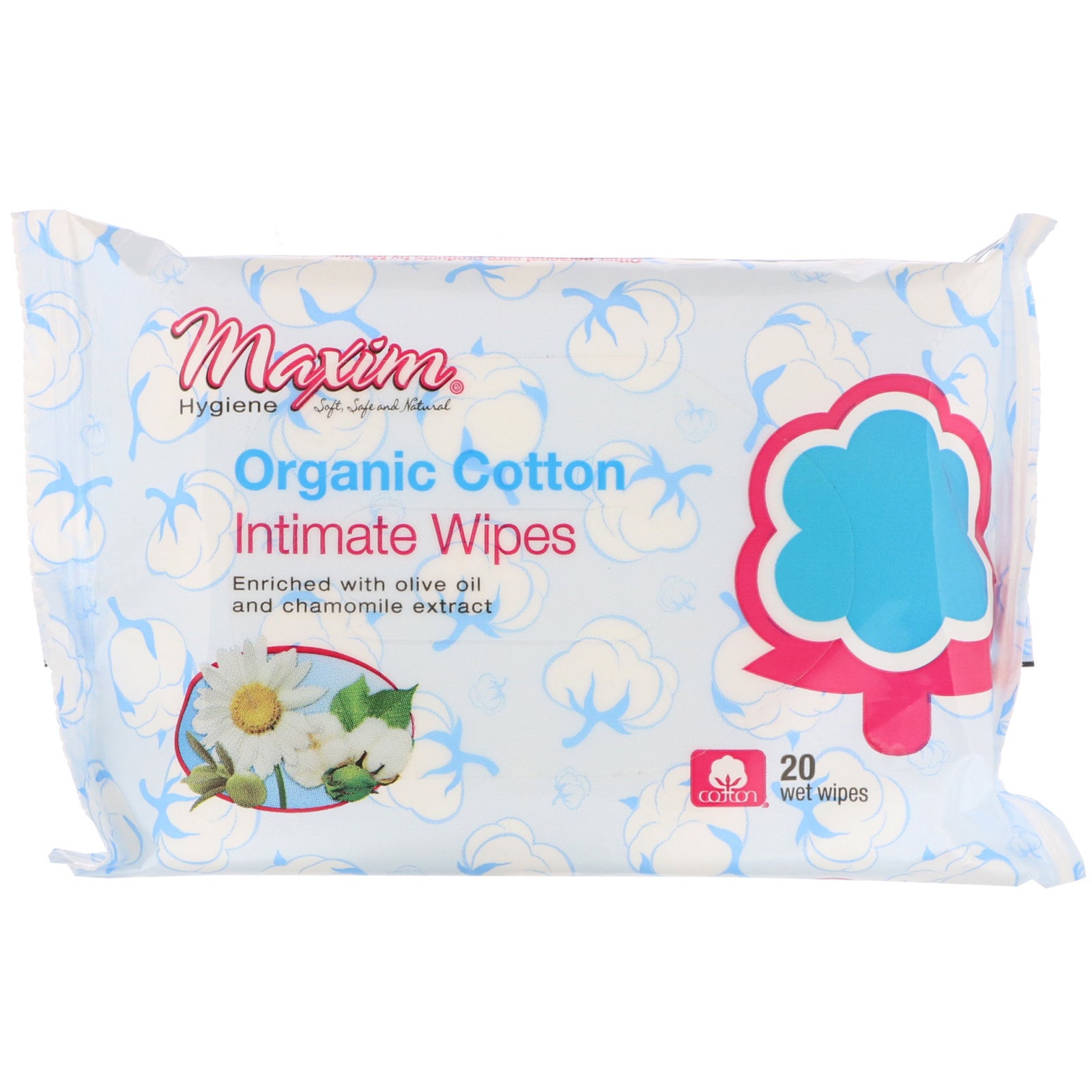 Maxim Hygiene Products, Organic Cotton Intimate Wipes, 20 Wet Wipes