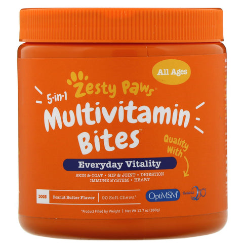 Zesty Paws, 5-in-1 Multivitamin Bites for Dogs, All Ages, Peanut Butter Flavor, 90 Soft Chews