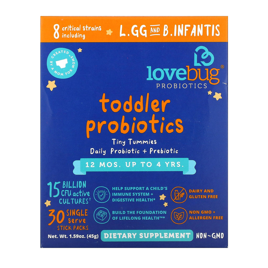 LoveBug, Toddler Probiotics, Tiny Tummies Daily Probiotic + Prebiotic, 12 Mos. Up To 4 Yrs., 30 Single Serve Stick Packs, 1.59 oz ( 45 g)