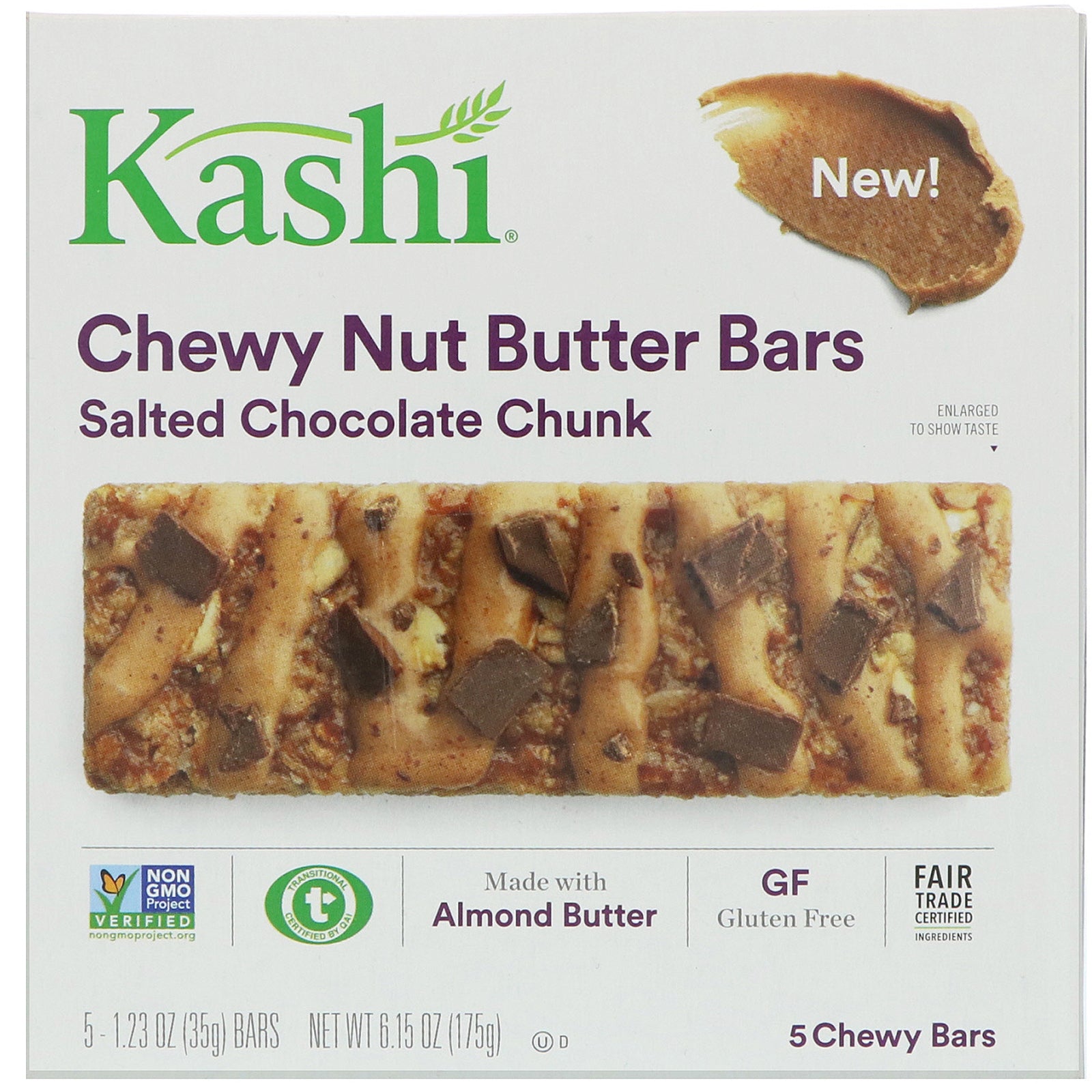 Kashi, Chewy Nut Butter Bars, Salted Chocolate Chunk, 5 Bars, 1.23 oz (35 g) Each