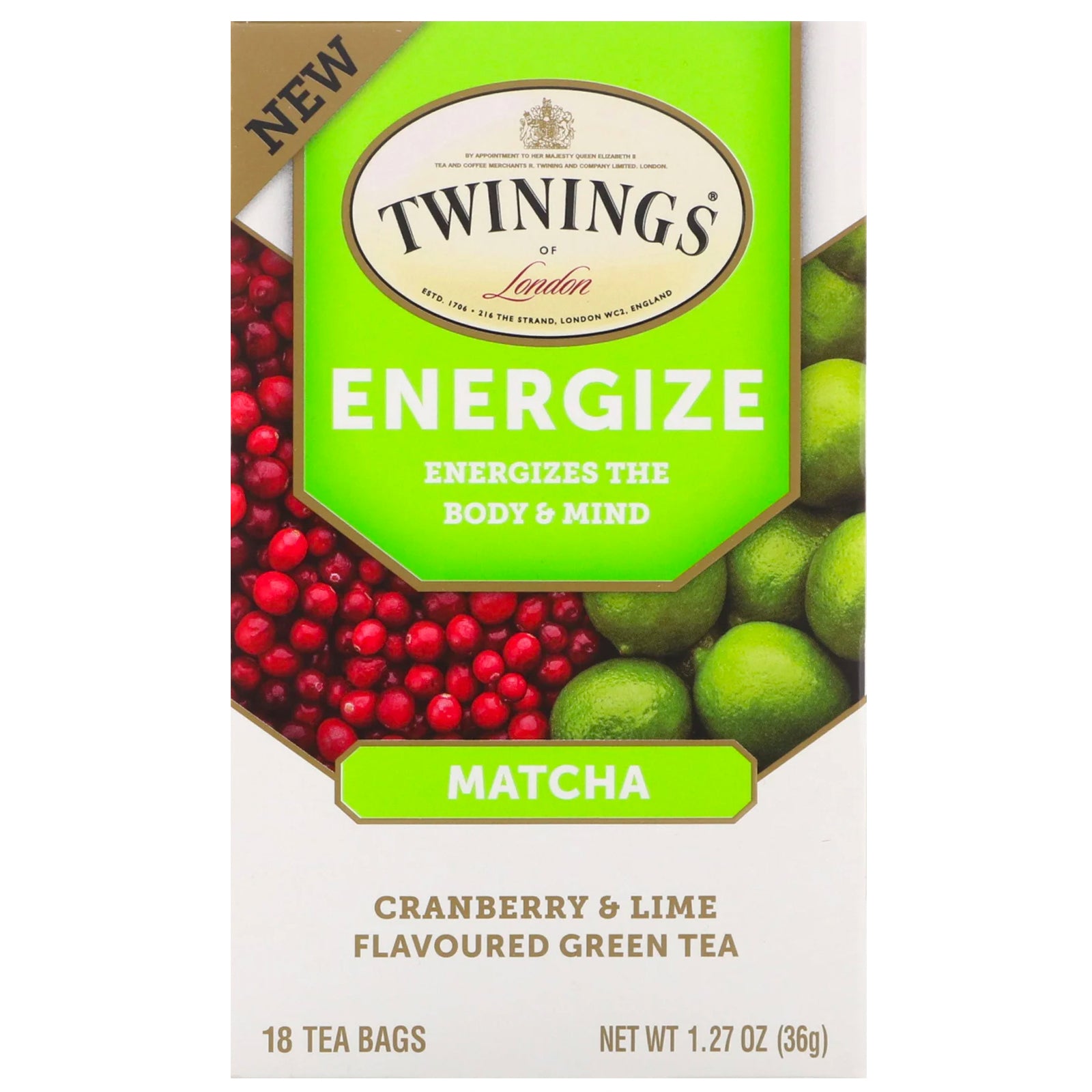 Twinings, Energize Herbal Tea, Matcha, Cranberry & Lime, 18 Tea Bags, 1.27 oz (36 g)